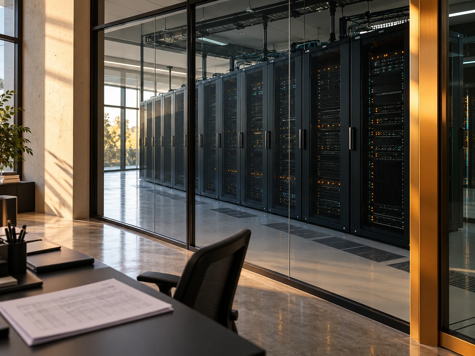 Enterprise server room with a service agreement beside an empty operator’s chair